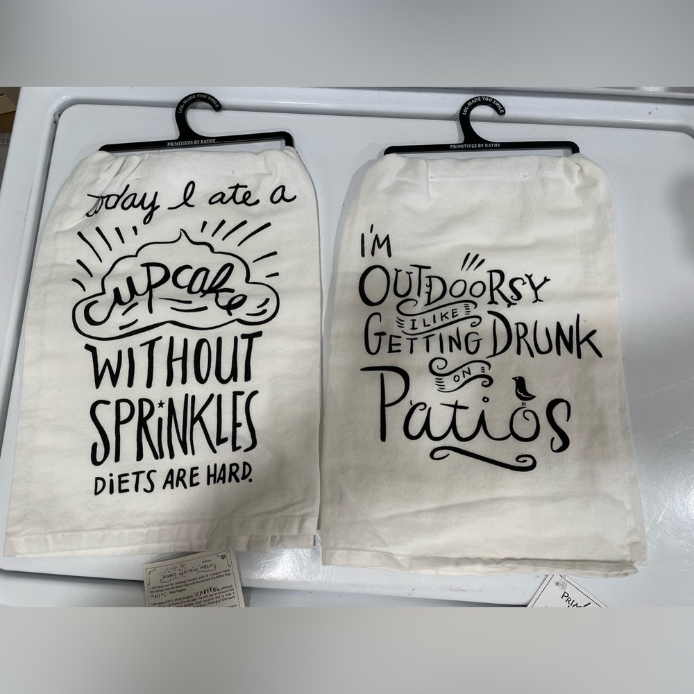 Set of 2 kitchen flour sack towels, punny little phrases, brand new with tags!